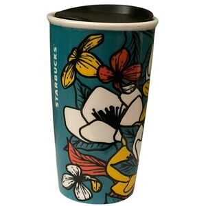STARBUCKS Ceramic Traveler Coffee Mug Tumbler 12 oz incl Lid Teal FLORAL Design